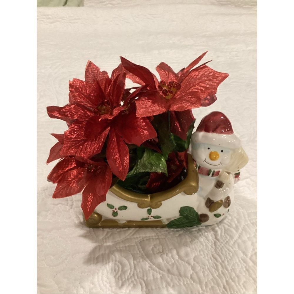 Vintage Ceramic Snowman Sleigh with Poinsettias